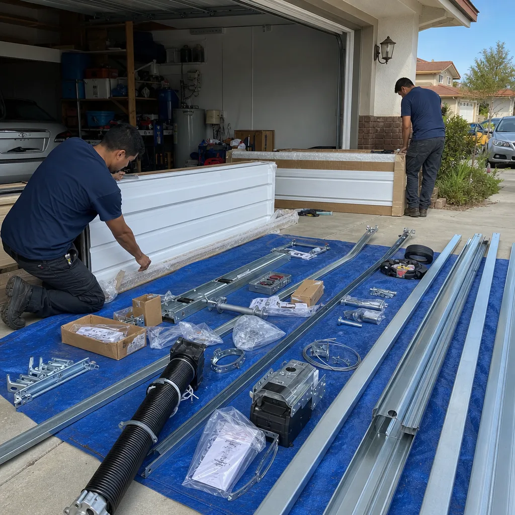 Professional technicians preparing materials for a new residential garage door installation