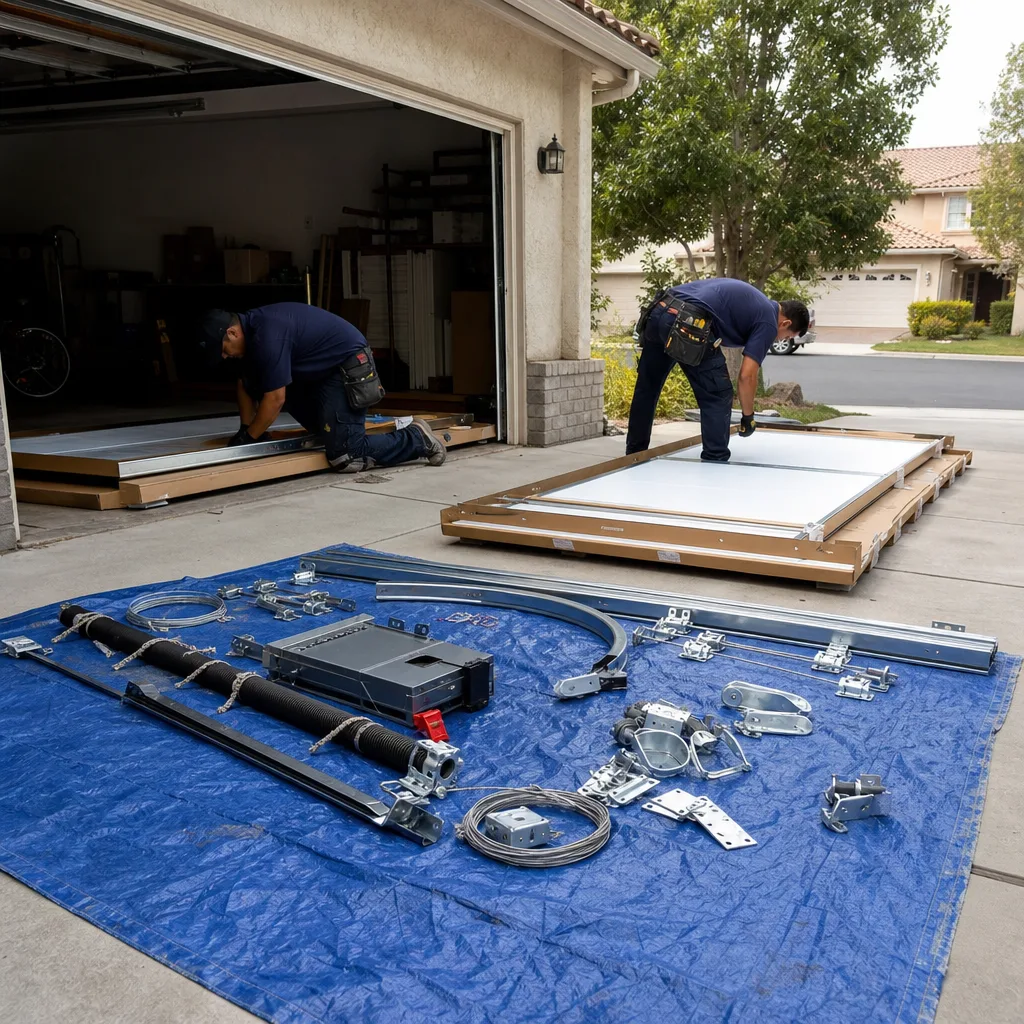 Two professional technicians performing a new garage door installation