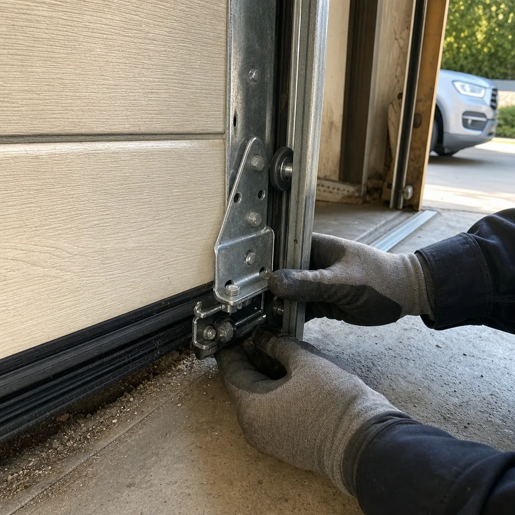 Technician performing professional garage door repair and maintenance service